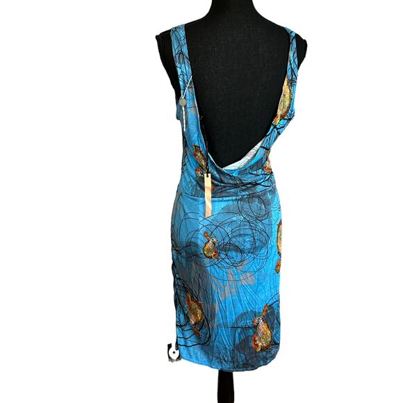 Pam & Arch London Blue Rabbit Blouson Jersey Dress LARGE Deep V Whimsical NEW - Picture 4 of 8